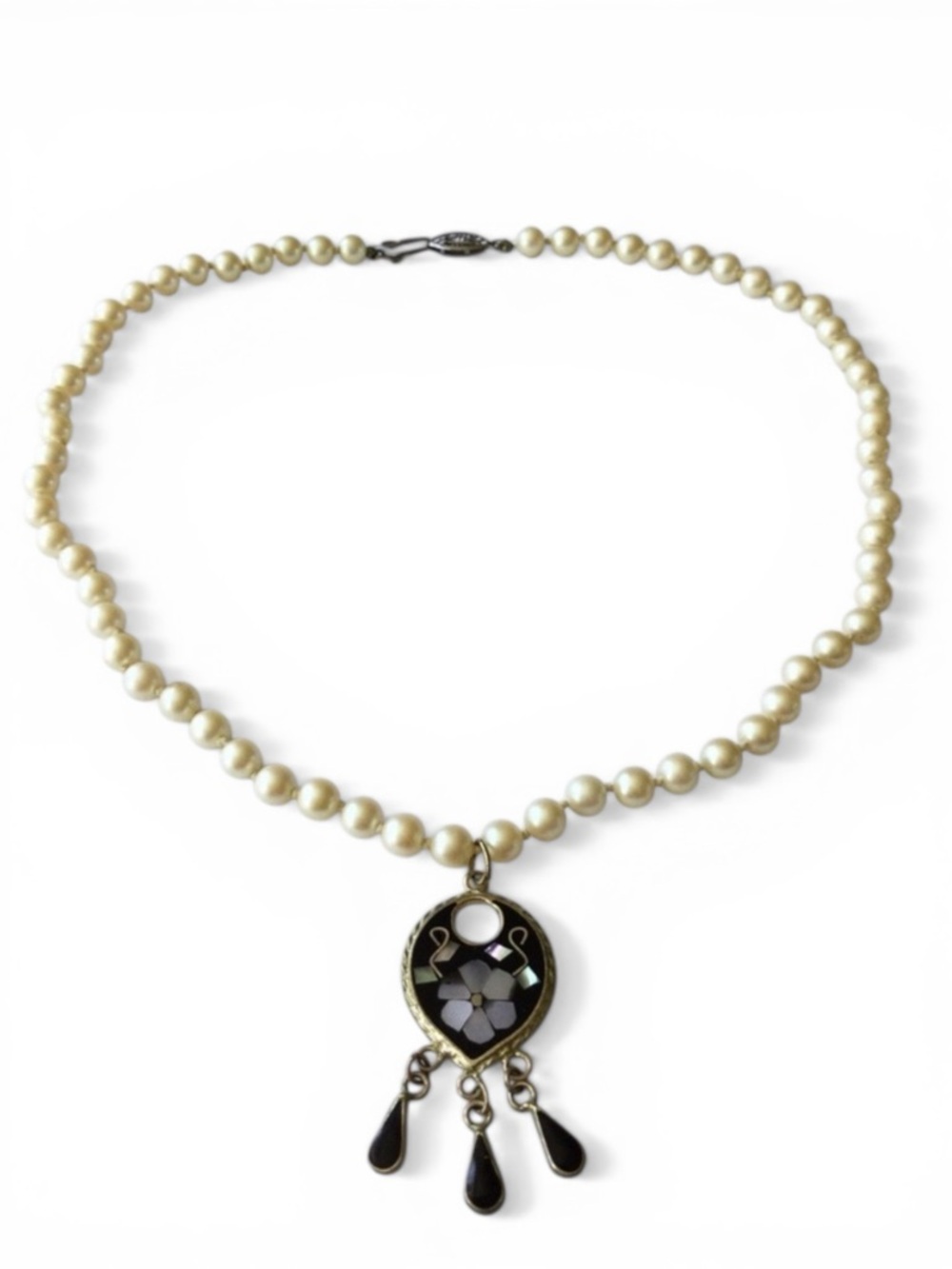 Vintage Faux Pearl Necklace w/ Abalone Alpaca Mexico Stamped Pendant